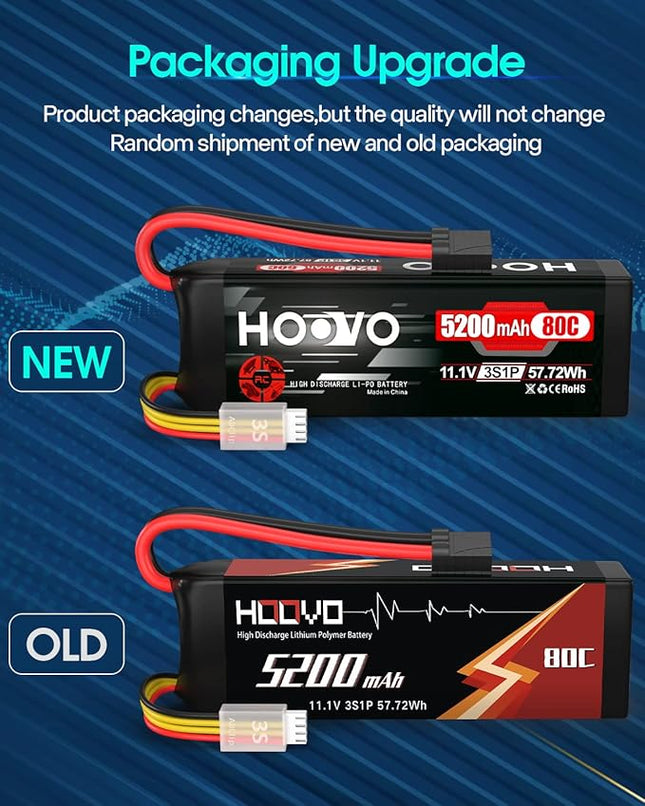 HOOVO 11.1V 80C 5200mAh 3S LiPo Battery with Tracxas Plug for RC Car RC Truck RC Boat Hobby (2 Packs)