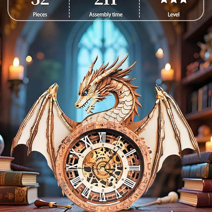 Rnfinewow 3D Wooden Puzzles for Adults, 3D Puzzle Dragon Clock Kit (with Pendulum), 3D Puzzles for Adults Home Decor Clock Crafts for Adult Christmas Day Puzzle Gifts for Men Women