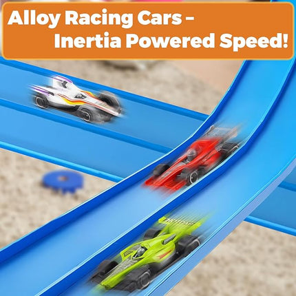 15 Ft Flexible Race Car Track, Portable Dual-Sided Race Car Track with 4 Cars & Suction Cups, Compatible with Hot Wheels & 1/64 Diecast Cars, Kids’ Car Ramp & Race Track (Blue)