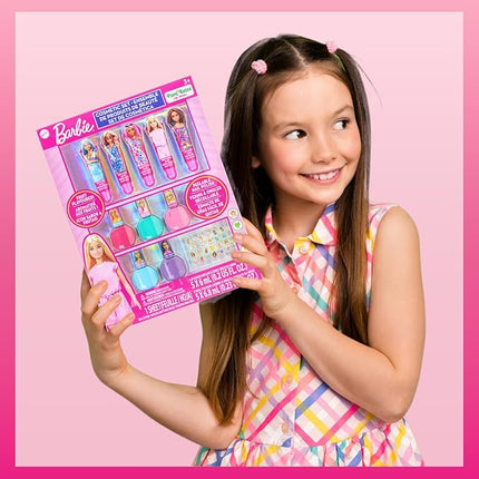 Barbie Cosmetic Makeup Set for Girls with Super Sparkly Lip Gloss Nail Polish and Nail Stickers 11 Pieces, Perfect for Parties Sleepovers Makeovers, Birthday Holiday Gift, Ages 3+, By Townley Girl