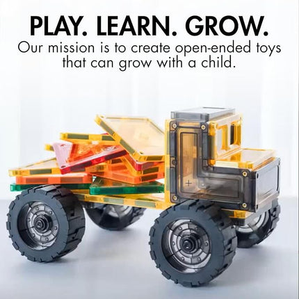 Learn & Grow Mega Movers - Magnetic Tiles Construction Trucks – Magnetic Build a Truck Set with 2 Jumbo Magnet Car Vehicles & Moveable Rubber Wheels – Durable STEM Building Toy for Kids Ages 3+
