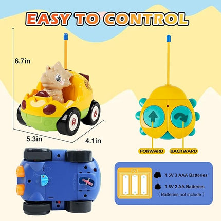 2-Pack Remote Control Dinosaur Toy Car for Kids - Birthday Gifts for Boys Toddlers Ages 18+ Months, 2 3 4 5 Year Old, Dino RC Vehicle with Lights and Music