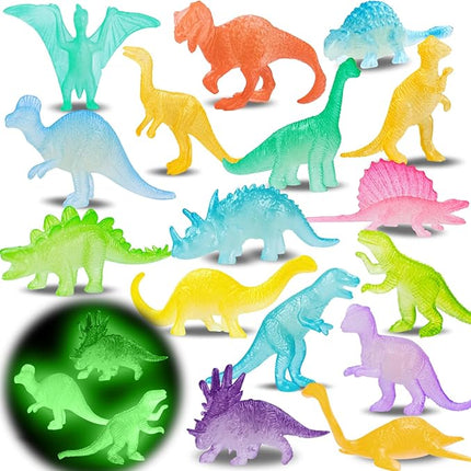 16PCS Glow in Dark Mini Dinosaur Figures for Kids Birthday Party Favors Supplies Dino Cupcake Topper Decoration Goodie Treat Bag Stuffers Pinata Fillers Treasure Carnival Prizes Valentines Day Gifts