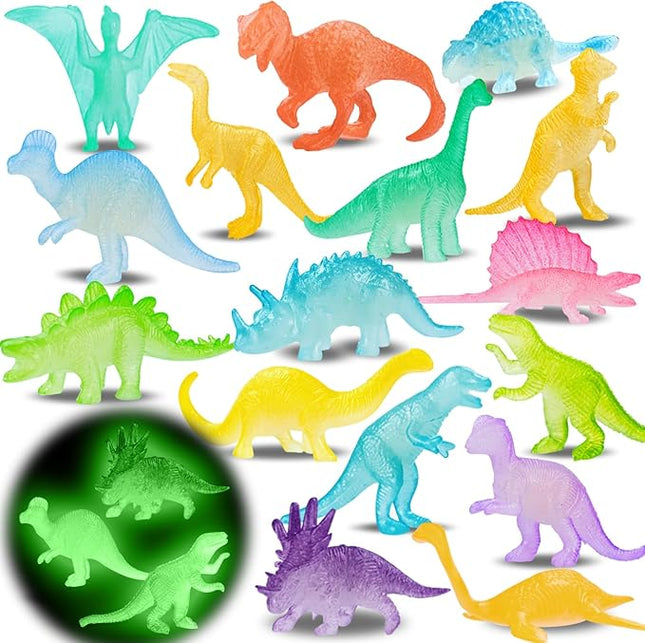 16PCS Glow in Dark Mini Dinosaur Figures for Kids Birthday Party Favors Supplies Dino Cupcake Topper Decoration Goodie Treat Bag Stuffers Pinata Fillers Treasure Carnival Prizes Valentines Day Gifts