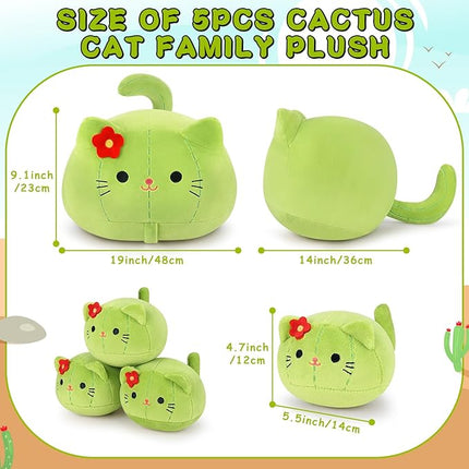 5 PCS Cactus Cat Plush Stuffed Animal Family-19" Soft Cactus Cat Plush, Large Mommy Plushies with 4 Baby Kittens Plushies for Kids, Kawaii Plush Toy Christmas Birthday Gifts for Kids Boys Girls