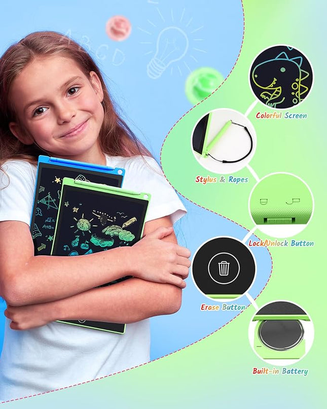 TECJOE LCD Writing Tablet, 8.5 Inch 2 Pack Colorful Doodle Board Drawing Tablet for Kids, Kids Travel Games Activity Learning Toys Birthday Gifts for 3 4 5 6 Year Old Boys and Girls, Blue Green