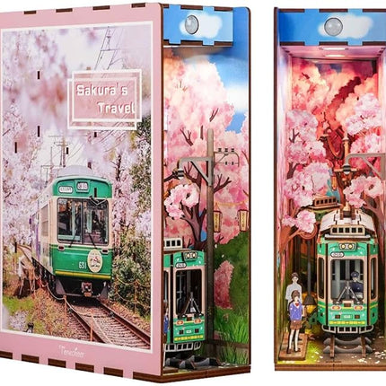 Tonecheer DIY Book Nook Kit for Adults, 3D Wooden Puzzle Bookend Bookshelf Insert Decor Fancy Book, Booknook Miniature House Kit with Sensor LED Light Birthday (Sakura's Travel)