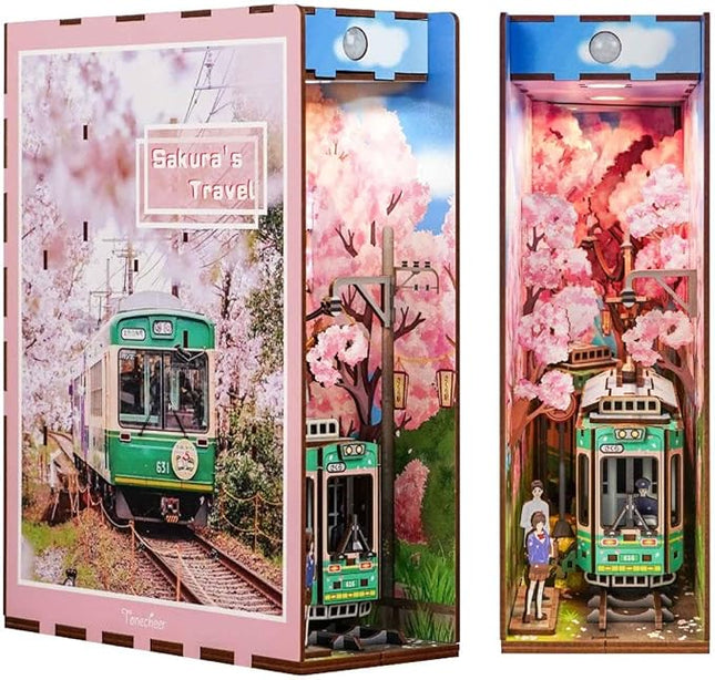 Tonecheer DIY Book Nook Kit for Adults, 3D Wooden Puzzle Bookend Bookshelf Insert Decor Fancy Book, Booknook Miniature House Kit with Sensor LED Light Birthday (Sakura's Travel)