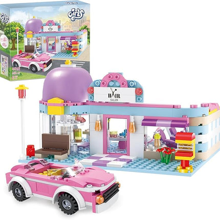 BRICK STORY Girls Friends Hair Salon Building Kit with 2 Mini People 5 Dolls Hair Pretend Play Set for Kids 358 Pieces with a Pink Convertible Car Gift Idea for Birthday for Girls Age 6-12 8-12