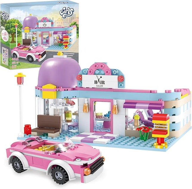 BRICK STORY Girls Friends Hair Salon Building Kit with 2 Mini People 5 Dolls Hair Pretend Play Set for Kids 358 Pieces with a Pink Convertible Car Gift Idea for Birthday for Girls Age 6-12 8-12