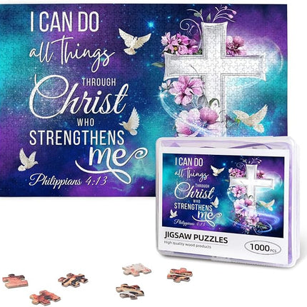 Christian Jigsaw Puzzles 1000 Pieces for Adults, Shining Cross & Philippians 4:13 Bible Verse, Uplifting Religious Wooden Puzzle, Faith-Based Gift