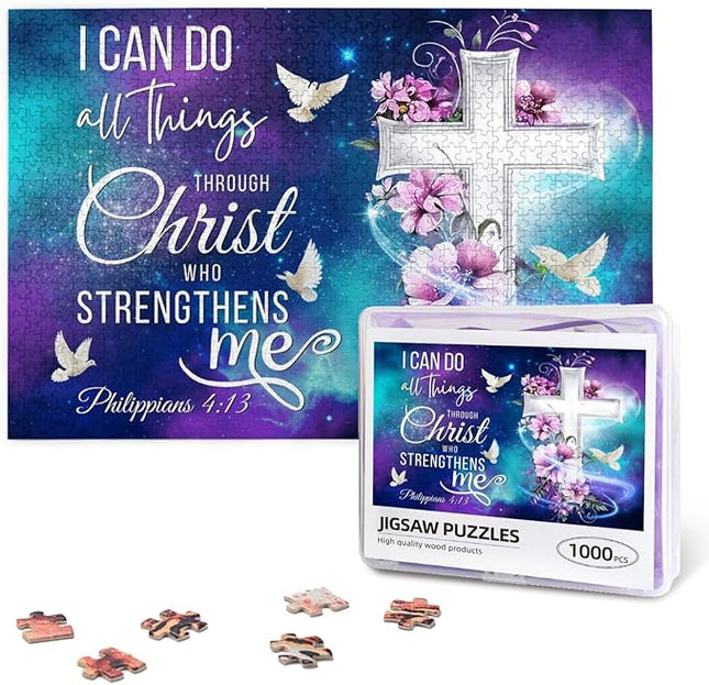 Christian Jigsaw Puzzles 1000 Pieces for Adults, Shining Cross & Philippians 4:13 Bible Verse, Uplifting Religious Wooden Puzzle, Faith-Based Gift