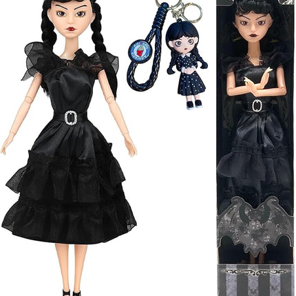 11.5'' Addams Doll with Gift Box, High Heels, Black Dress, and Hair, Perfect Christmas and Birthdays Toy Gift for Girls & Fans(A3)