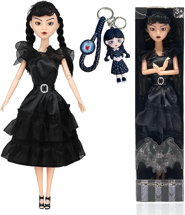 11.5'' Addams Doll with Gift Box, High Heels, Black Dress, and Hair, Perfect Christmas and Birthdays Toy Gift for Girls & Fans(A3)