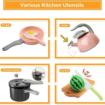 130Pcs Kitchen Playset, Toddler Pretend Cooking Play Pots, Pans, Utensils Cookware, Daily Food Fruit Veges, Shopping Storage Basket, Dessert, Prop Money, Learning Gift for Child (Pink)