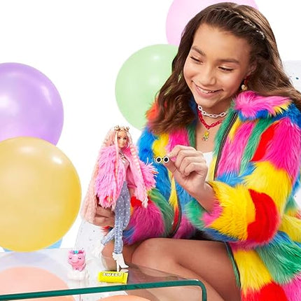 Barbie Extra Doll & Accessories with Pink-Streaked Blonde Crimped Hair in Fluffy Pink Coat with Pet Unicorn-Pig