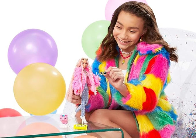 Barbie Extra Doll & Accessories with Pink-Streaked Blonde Crimped Hair in Fluffy Pink Coat with Pet Unicorn-Pig