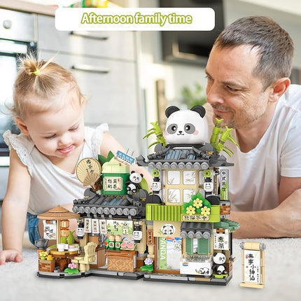 Cute Panda Mini Building Blocks Set, 860PCS MOC Mini Architecture Building Kits with Tea Shop Street View Design - STEM Educational Construction Gift for Girls Boys Kids Adults
