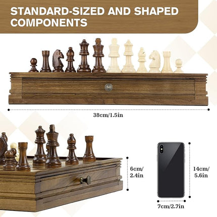 Peradix Magnetic Chess Checkers Board Sets with 2 Built-in Storage Drawers,12.8" Classic 2 in 1 Wooden Games with 2 Extra Queens for Kids and Adults,Travel Portable Chess Game Set