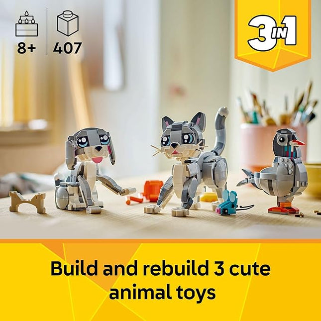 LEGO Creator 3 in 1 Playful Cat Toy - Building Toy with 3 Building Options, Cat, Dog, or Pigeon - Birthday Gift for Kids - Animal Figures for Kids, Girls and Boys, Ages 8+ - 31163