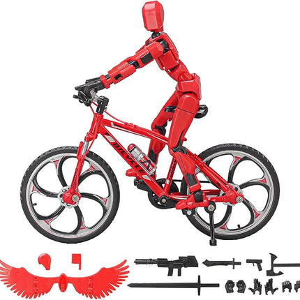 (Assembly Completed) T13 Action Figures, 6.3 Inch Big Dummy 13 Mountain Die-cast Mini Bike Model with Multi-Jointed Movable Lucky 13 Robot Toys Set(Red)