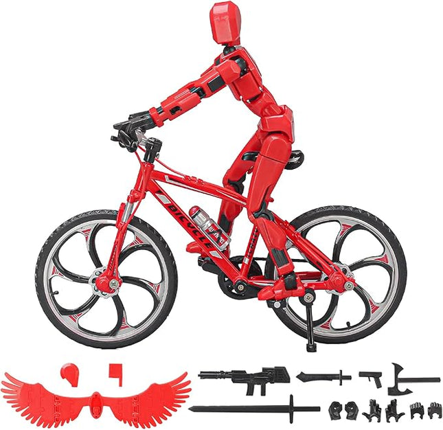 (Assembly Completed) T13 Action Figures, 6.3 Inch Big Dummy 13 Mountain Die-cast Mini Bike Model with Multi-Jointed Movable Lucky 13 Robot Toys Set(Red)