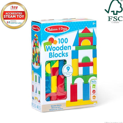 Melissa & Doug Wooden Building Blocks, 100-Piece Set of Sorting & Stacking Toys in 4 Colors and 9 Shapes, Classic Toddler Toys for Girls & Boys Ages 2+ - FSC Certified