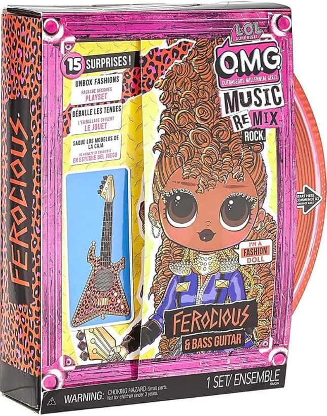 L.O.L. Surprise! OMG Remix Rock Ferocious Fashion Doll with 15 Surprises Including Bass Guitar, Outfit, Shoes, Stand, Lyric Magazine, & Record Player Playset, Kids Gift, Toys Girls Boys Ages 4 5 6 7+