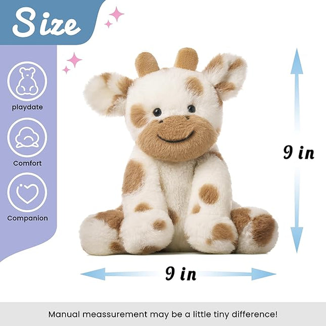 Hopearl Adorable Plush Cow Toy Floppy Dairy Cattle Soft Stuffed Animal Cute Birthday Gifts for Boys Girls Kids Toddlers, Light Brown, 9''