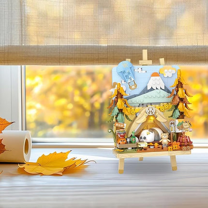 MEIEST Panda Mini Building Blocks Cute 3D Painting Model Set,Creative 4 Seasons' Views Collection Construction Building Bricks Toy,Home Decor (Autumn-Camping)