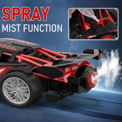1/18 RC Car for Kids with Rechargeable Battery, LED Lights & Spray - Remote Control Car for Boys, Small RC Drift Cars for Ages 4-7 (Black & Red)
