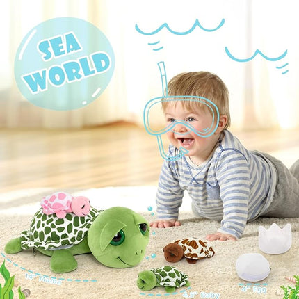 MorisMos Sea Turtle Stuffed Animal with Babies, 14'' Mommy Stuffed Turtle with 3 Babies & 2 Plush Eggs in Tummy, Big-Eyed Sea Tortoise Toys for Kids Toddlers,Sea Stuffed Animals,Tortoise Plush Pillow