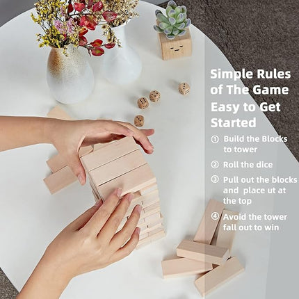 SpeedArmis Mini Tumble Tower, 54PCS Wooden Stacking Game for Teens - Pine Stack Timber Board Games with 4 Dice Set - Classic ‌Xmas Gifts for Teens