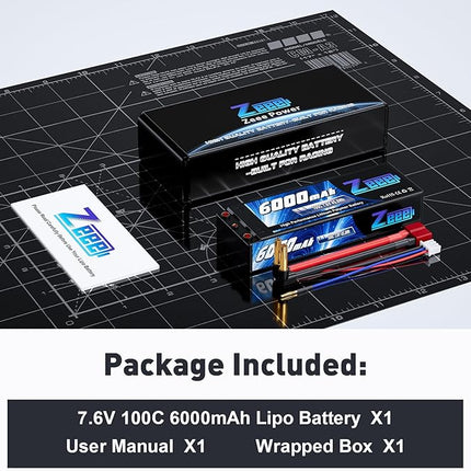 Zeee 2S High Voltage Lipo Battery 6000mAh 7.6V 100C Hard Case RC Battery with 4mm Bullet to T Connector for RC 1/8 1/10 Scale Vehicles Car RC Trucks Boats