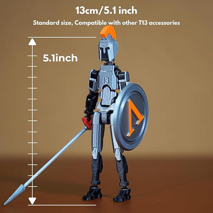 T13 Action Figure (Dummy 13 / Titan 13 / Spartan Warrior) - 3D Printed Poseable Robot Set with Accessories for Stop Motion Animation | Kids Gift