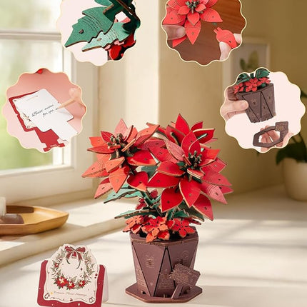 3D Flower Wooden Puzzles for Adults-Poinsettia, DIY Wooden Flowers Model Kit Building Set Crafts for Adults to Build, Botanical Collection/Ideal Creative Gift Ideas/Housewarming (153PCS)