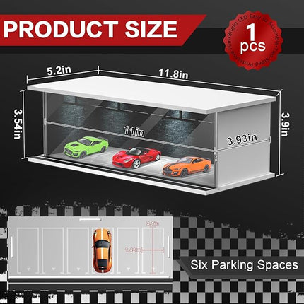 1/64 Scale Diecast Display Case for Hot Wheels Matchbox Cars, Toy Car Model Mini Garage with LED Light and Acrylic Cover, Stackable Parking Lot Diorama Storage for Collection Present