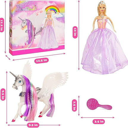 Yellow River Color Changing Unicorn & Princess Doll, Color Change on Whole Unicorn Under Sunshine, 12'' Doll and 11'' Unicorn Toys & Gifts with Removable Saddle & Wings for Girls