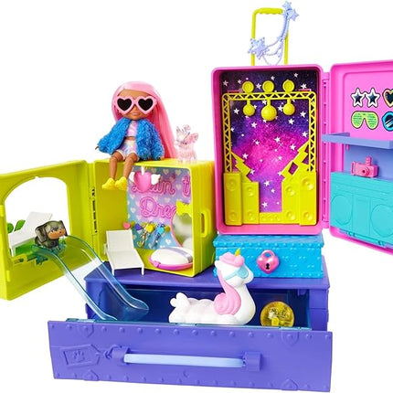 Barbie HDY91 Extra Travel Set with 2 Exclusive Puppies and Doll Figurines, Swimming Pool, Slide, Party Room and Accessories, Children's Toy, from 3 Years Old,