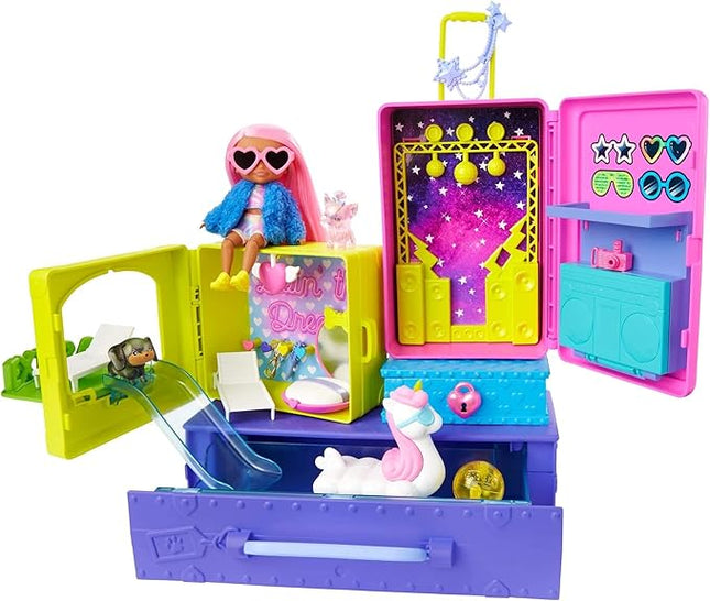 Barbie HDY91 Extra Travel Set with 2 Exclusive Puppies and Doll Figurines, Swimming Pool, Slide, Party Room and Accessories, Children's Toy, from 3 Years Old,