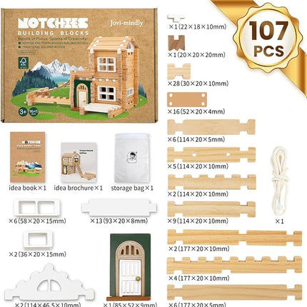 Jovi-mindly＆Notchies 107 Pcs Wooden Blocks Toys with Door and Windows,Classic Old Fashioned Toys,Wooden Building Blocks for Kids Ages 4-8 Boys and Girls,FSC Certified,Halloween Gifts