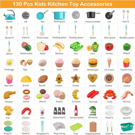 130Pcs Kitchen Playset, Toddler Pretend Cooking Play Pots, Pans, Utensils Cookware, Daily Food Fruit Veges, Shopping Storage Basket, Dessert, Prop Money, Learning Gift for Child (Turquoise)