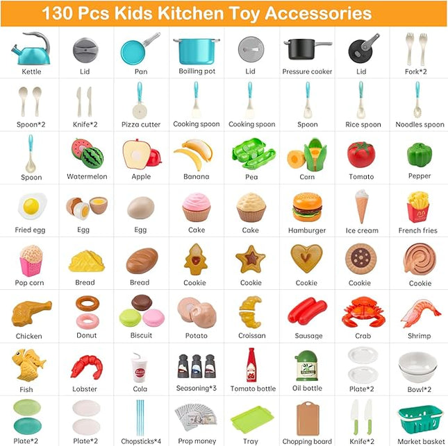 130Pcs Kitchen Playset, Toddler Pretend Cooking Play Pots, Pans, Utensils Cookware, Daily Food Fruit Veges, Shopping Storage Basket, Dessert, Prop Money, Learning Gift for Child (Turquoise)