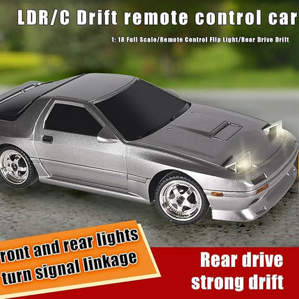 1:18 RX7-FC 3S Model LD1802 RC Drift Car 1/18 2.4G Remote Control on Road ESP Gyroscope LED Mini RC Racing Cars (Silvery)