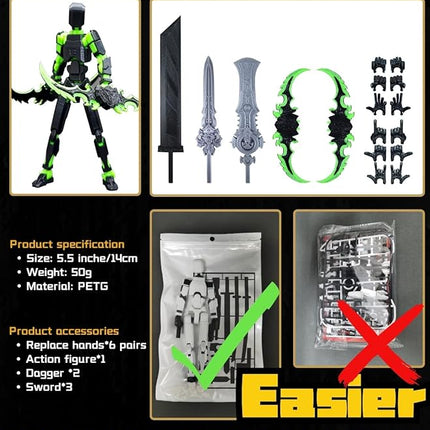 (Assembly Completed) T13 Action Figure, 5.5 Inch 3D Printed Multi-Jointed Movable Dummy 13 Toy,Dummy 13 Robot Action Figure with Lots of Weapons, Black Green