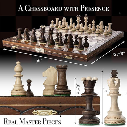 Wegiel Handmade Junior European International Chess Set - 16 Inch Luxury Wooden Chess Set for Adults and Kids, Premium Beech and Birch Wood - Unique Folding Design with Storage
