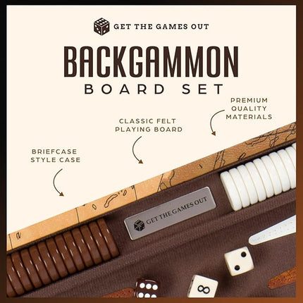 Get The Games Out Backgammon Set, Classic Board Game Case, 2 Players, Includes Strategy & Tip Guide, Perfect for Parties and Family Game Nights - Large, Map
