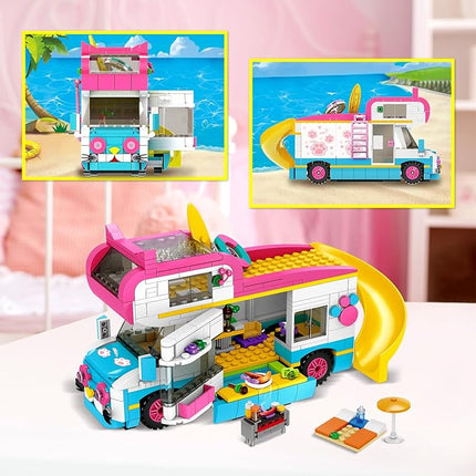 HOGOKIDS 3-in-1 Girls Camper Van Building Set - 494PCS Summer Beach Camping Building Blocks Sets | Food Truck Toys with Slide and Stickers | Easter Gifts for Girls Boys Age 6 7 8 9 10 11 12+