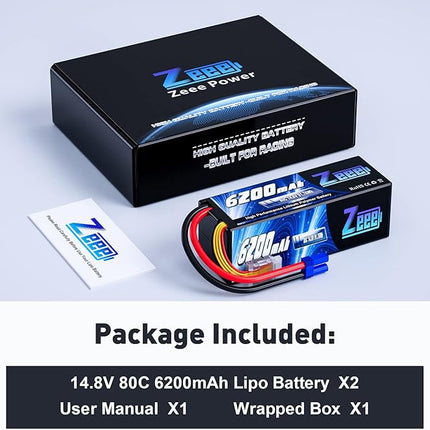 Zeee 4S Lipo Battery 6200mAh 14.8V 80C Hard Case Battery with EC5 Connector for Car Truck Tank RC Buggy Truggy Racing Hobby(2 Packs)