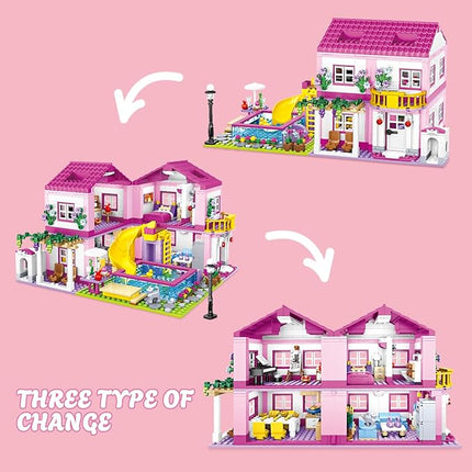 Pink Summer Pool Villa Building Block Set Friends Construction Educational Toy 1018 Pieces Gifts for Girls Teens Kids Adults Ages 6+
